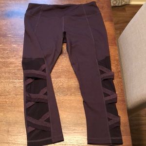 Plum Purple Crop Leggings mesh crisscross side